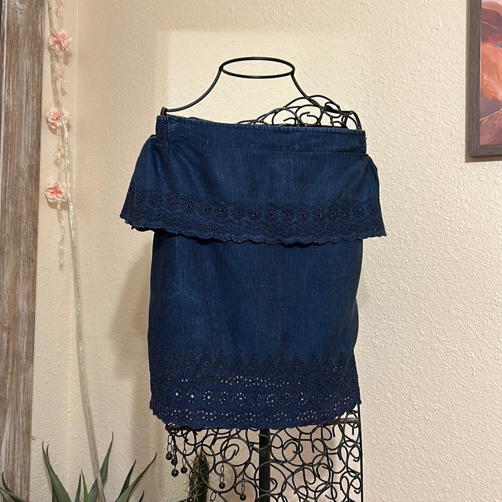 Gap Embroidered Smock Off The Shoulder Ruffle Sleeve Boho Dark Indigo Denim